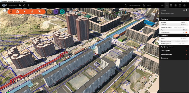 Информационная модель жилмассива «Восточный» в Новосибирске: как отдельные объекты видны теплотрассы и автодороги. СГУГиТ